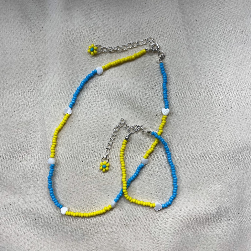 Ukrainian Beaded Jewelry Set, Blue Yellow Necklace & Bracelet, Gift